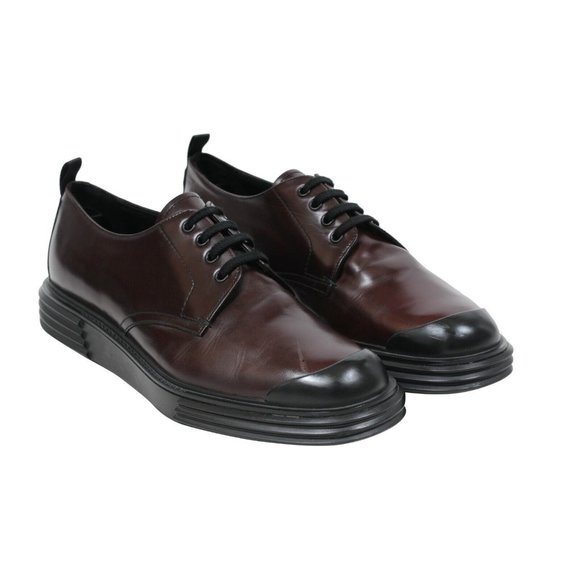 Prada Men's Burgundy Maroon Black Leather Oxford Chunky Derby Cap Toe P11 US12 - Picture 1 of 8